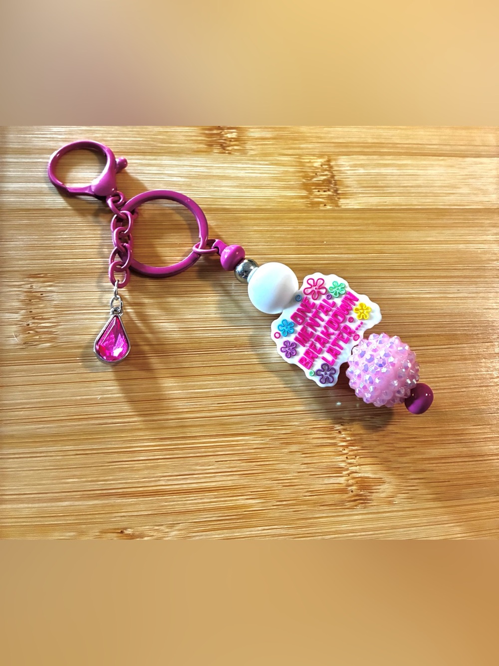 Pink & White 'One Mental Breakdown Later' Beaded Keychain - Picture 2 of 4
